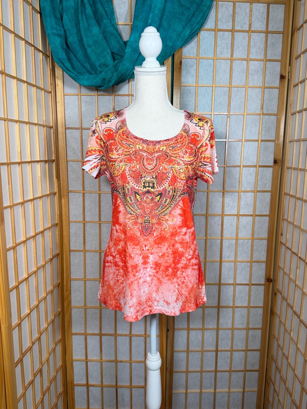 Style & Co. Orange Paisley-Print Short Sleeve Scoop Neck Top